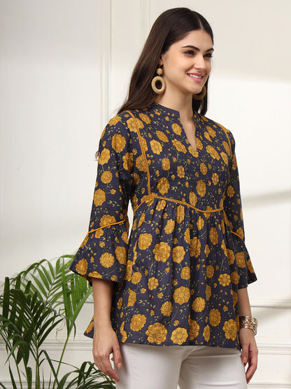 Ekisha's women dark blue pleated designer floral printed cotton tunic top short kurti, side view 2