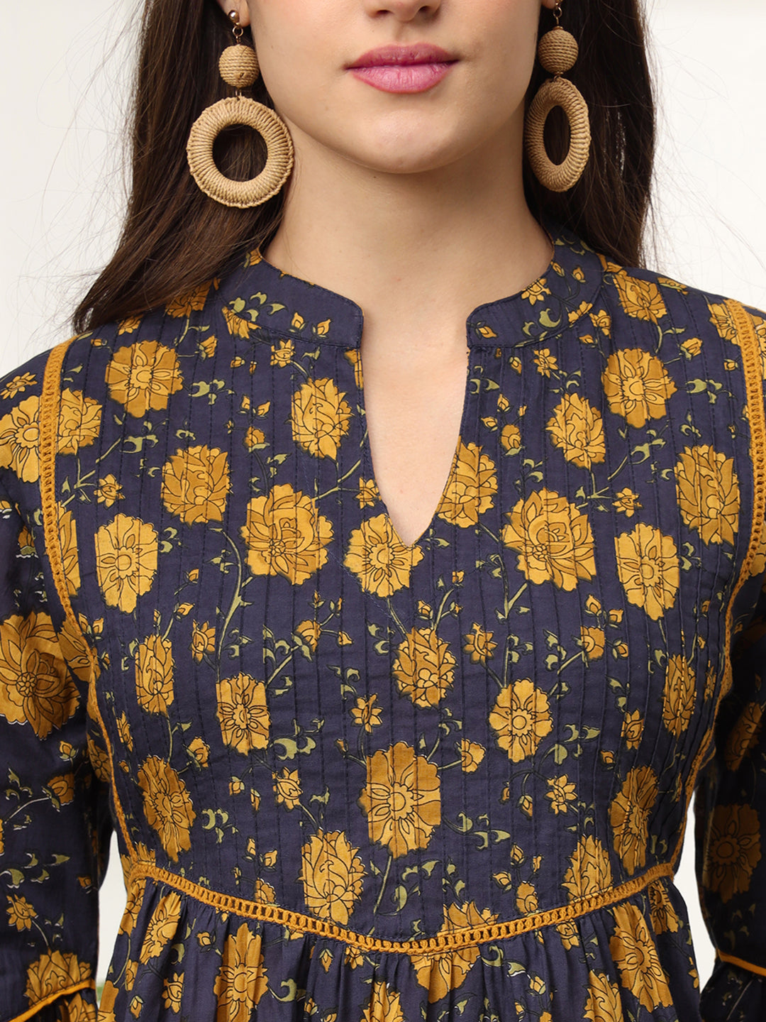 Ekisha's women dark blue pleated designer floral printed cotton tunic top short kurti, detailed view