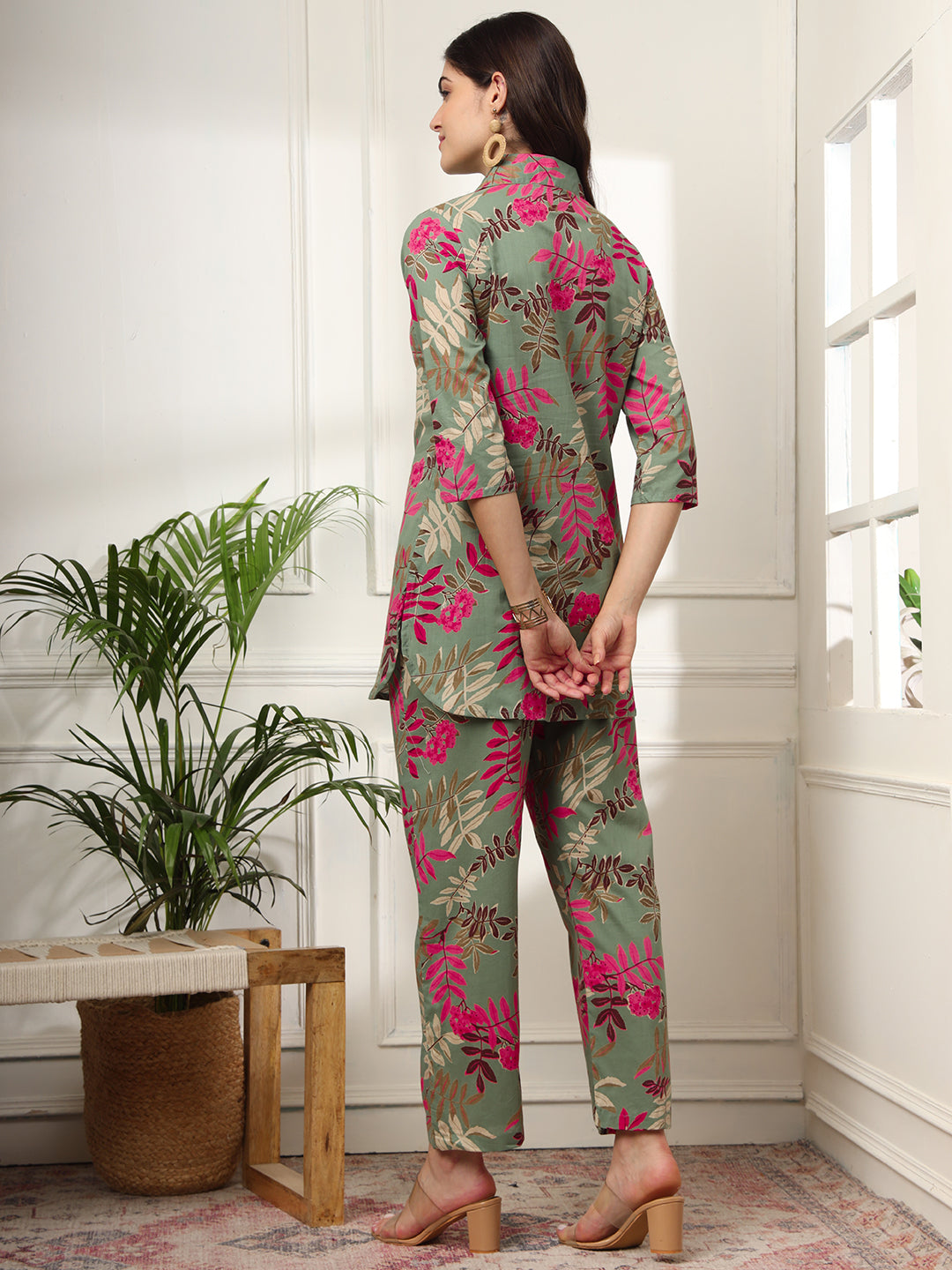 Ekisha's women green designer multicolor floral printed cotton co-ord set lounge wear, back view