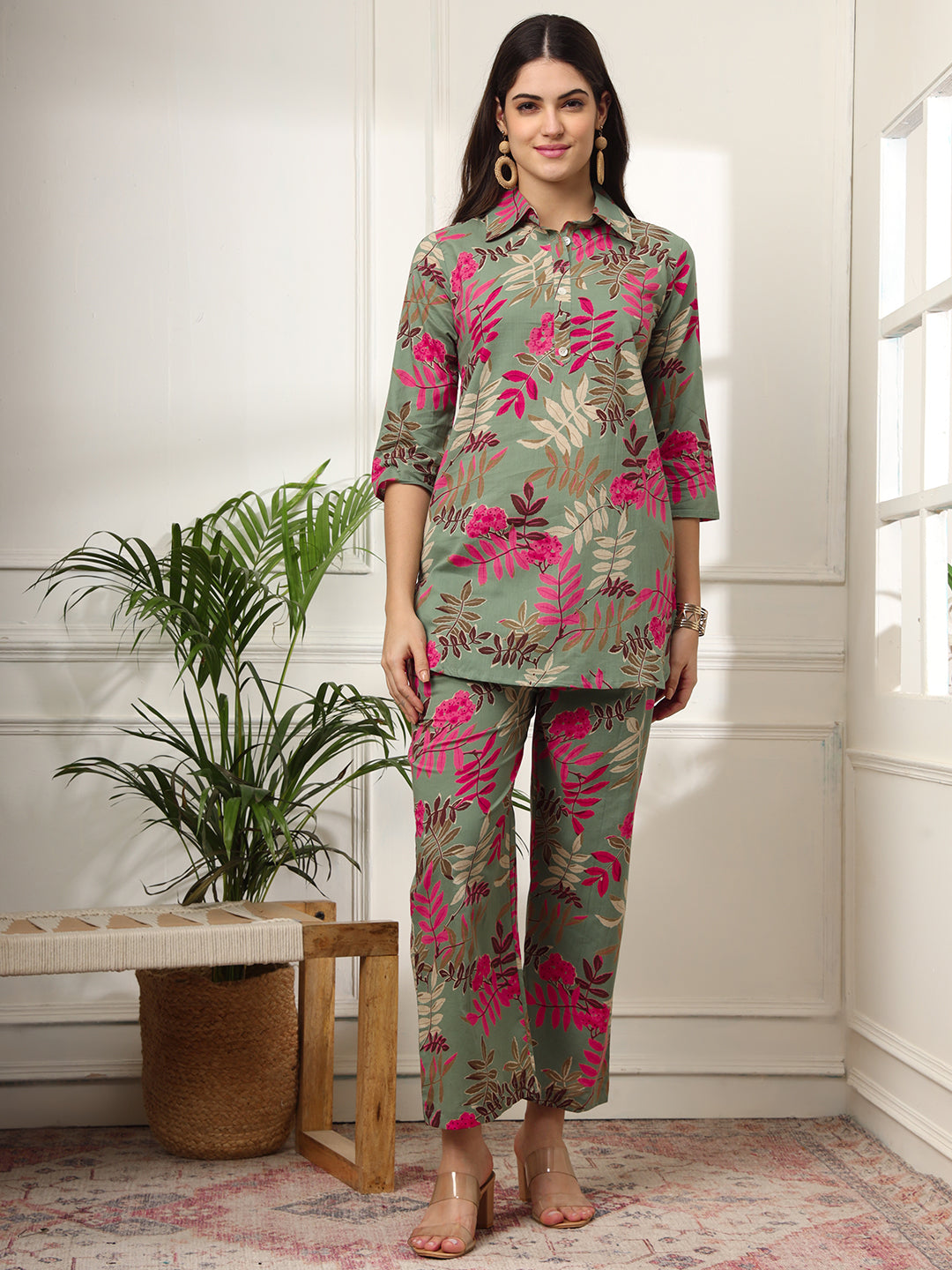 Ekisha's women green designer multicolor floral printed cotton co-ord set lounge wear, front view