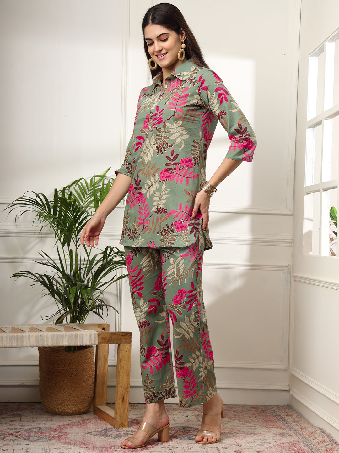 Ekisha's women green designer multicolor floral printed cotton co-ord set lounge wear, side view 2