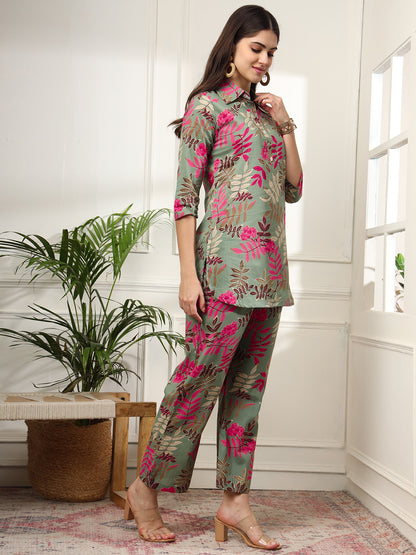 Ekisha's women green designer multicolor floral printed cotton co-ord set lounge wear, side view 3