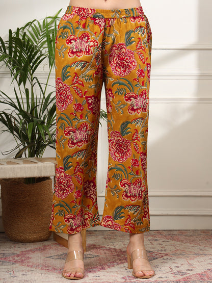 Ekisha's women mustard floral printed cotton co-ord set kurta set, pants