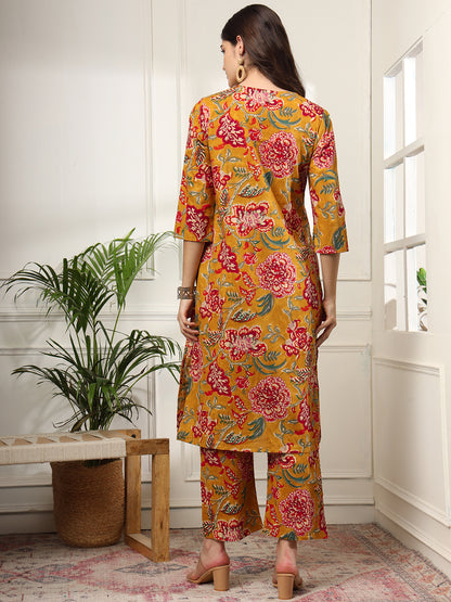 Ekisha's women mustard floral printed cotton co-ord set kurta set, back view