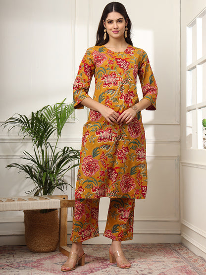 Ekisha's women mustard floral printed cotton co-ord set kurta set, front view