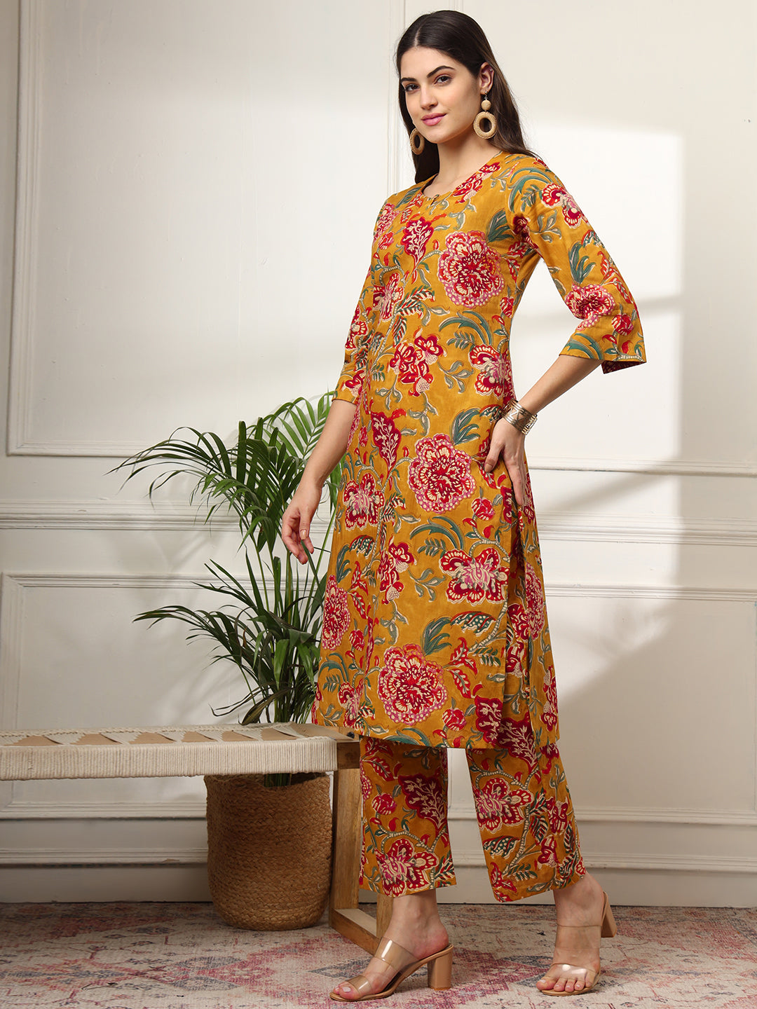 Ekisha's women mustard floral printed cotton co-ord set kurta set, side view