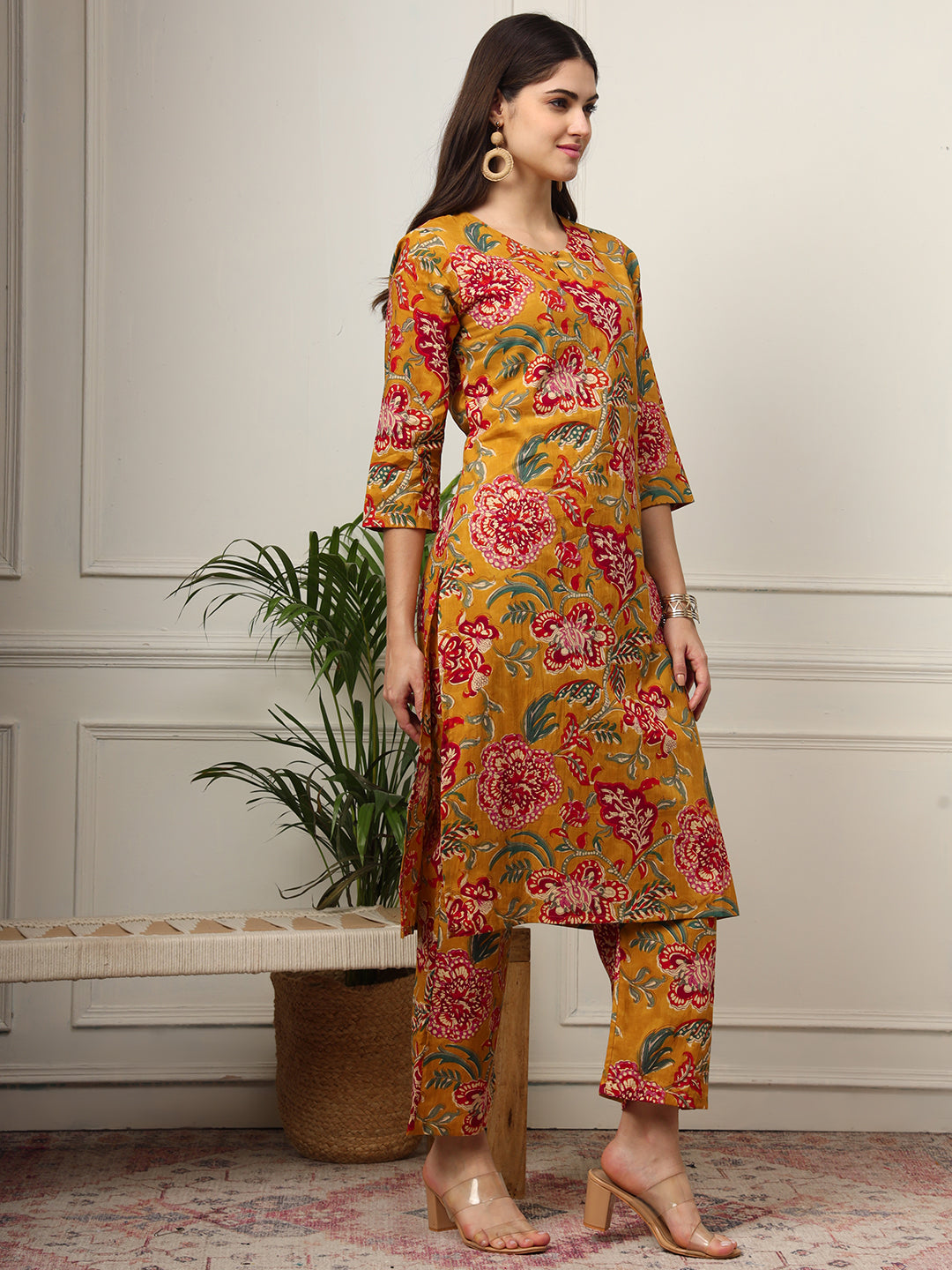 Ekisha's women mustard floral printed cotton co-ord set kurta set, side view 2