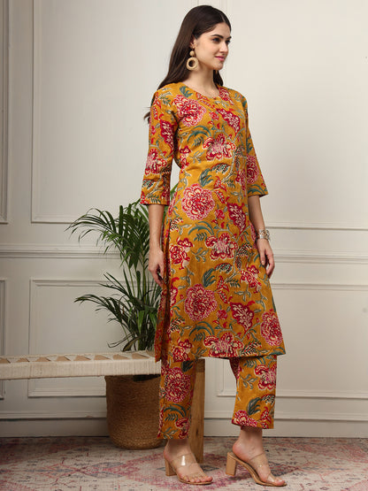 Ekisha's women mustard floral printed cotton co-ord set kurta set, side view 2