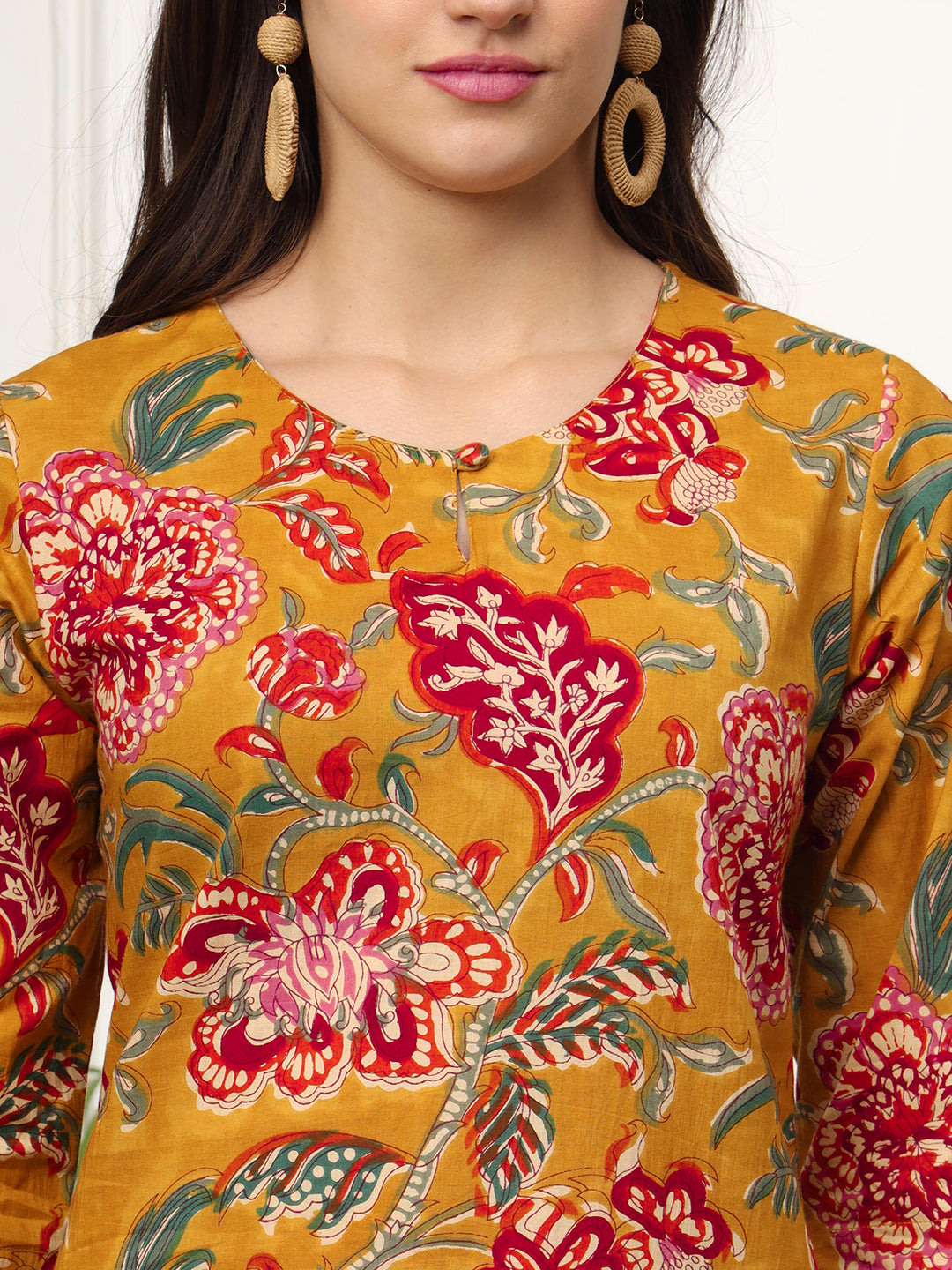 Ekisha's women mustard floral printed cotton co-ord set kurta set, detailed view