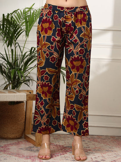 Ekisha's women dark blue multicolor floral printed cotton co-ord set lounge wear, pants