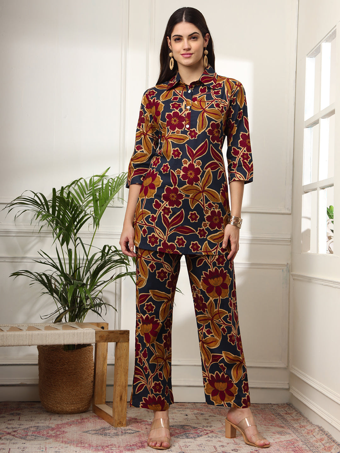 Ekisha's women dark blue multicolor floral printed cotton co-ord set lounge wear, front view