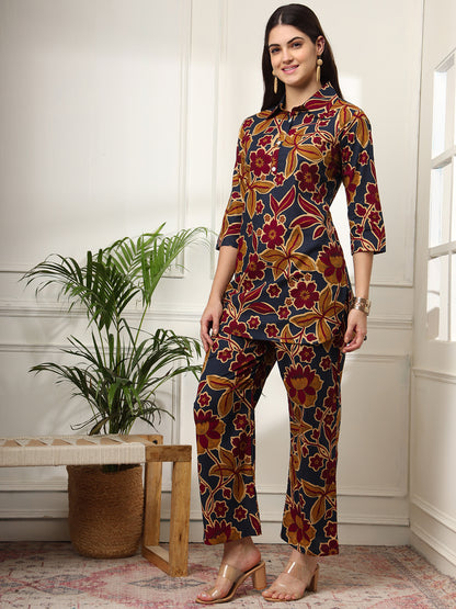 Ekisha's women dark blue multicolor floral printed cotton co-ord set lounge wear, side view 3