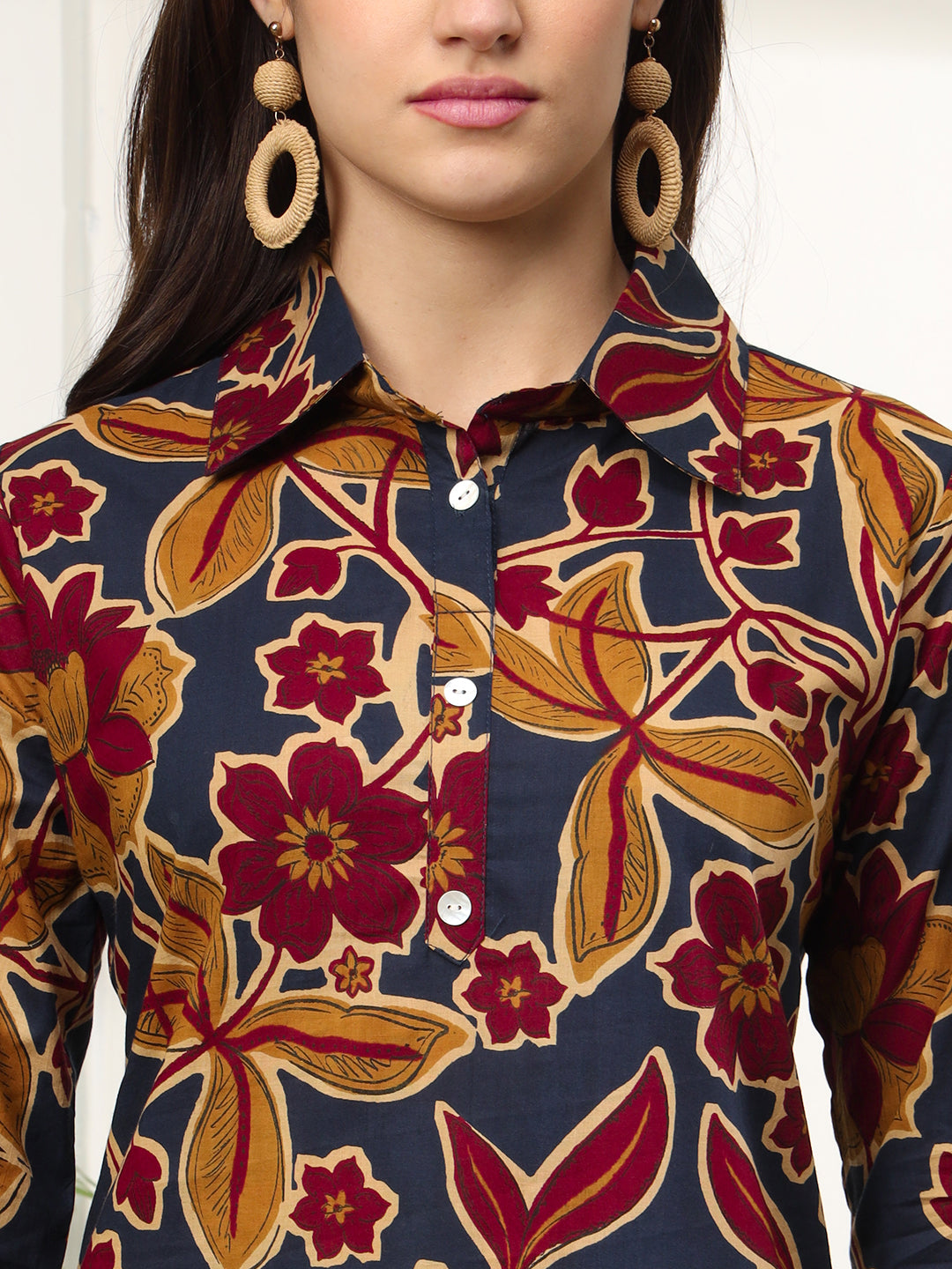 Ekisha's women dark blue multicolor floral printed cotton co-ord set lounge wear, detailed view