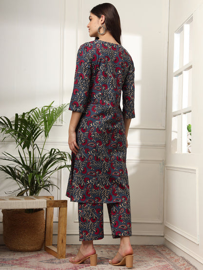 Ekisha's women dark blue designer multicolor floral printed cotton co-ord set kurta set, back view