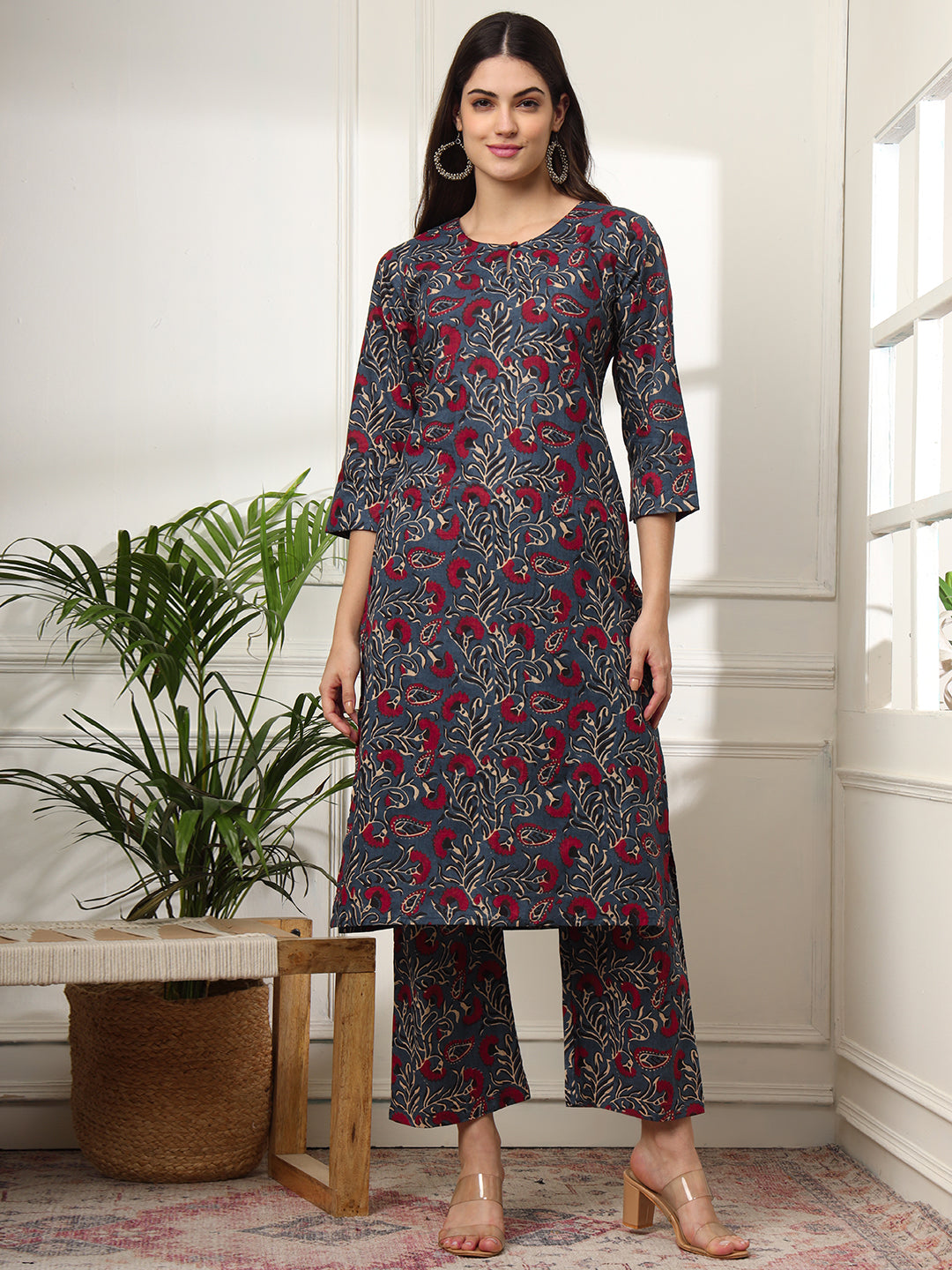 Ekisha's women dark blue designer multicolor floral printed cotton co-ord set kurta set, front view