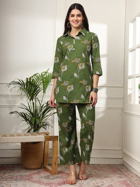 Ekisha's women green multicolor floral printed cotton co-ord set lounge wear, front view