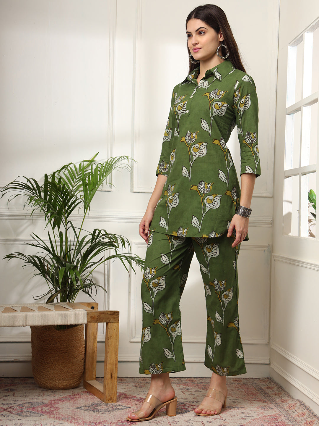 Ekisha's women green multicolor floral printed cotton co-ord set lounge wear, side view