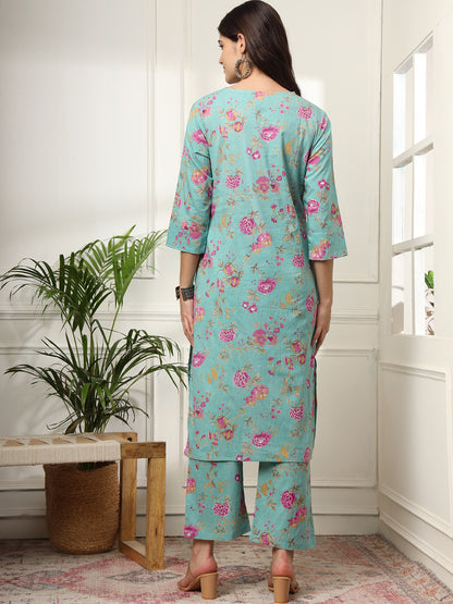 Ekisha's women light green multicolor floral printed cotton co-ord set kurta set, back view