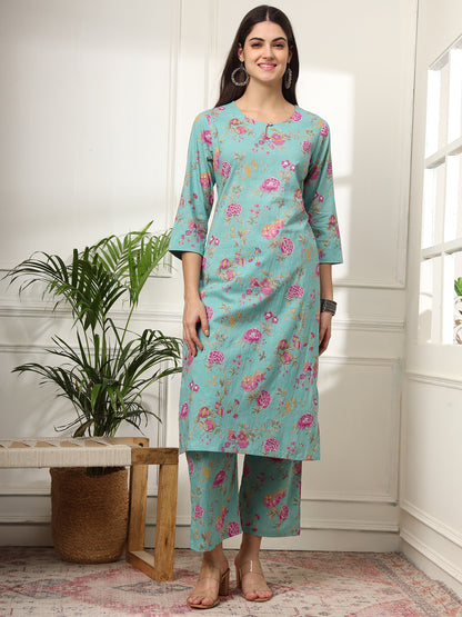 Ekisha's women light green multicolor floral printed cotton co-ord set kurta set, front view 2