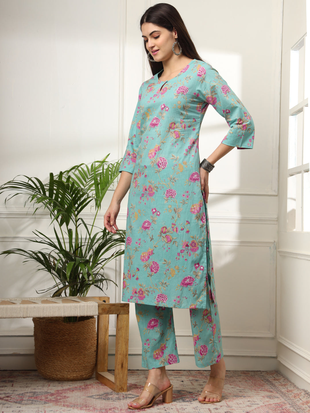 Ekisha's women light green multicolor floral printed cotton co-ord set kurta set, side view