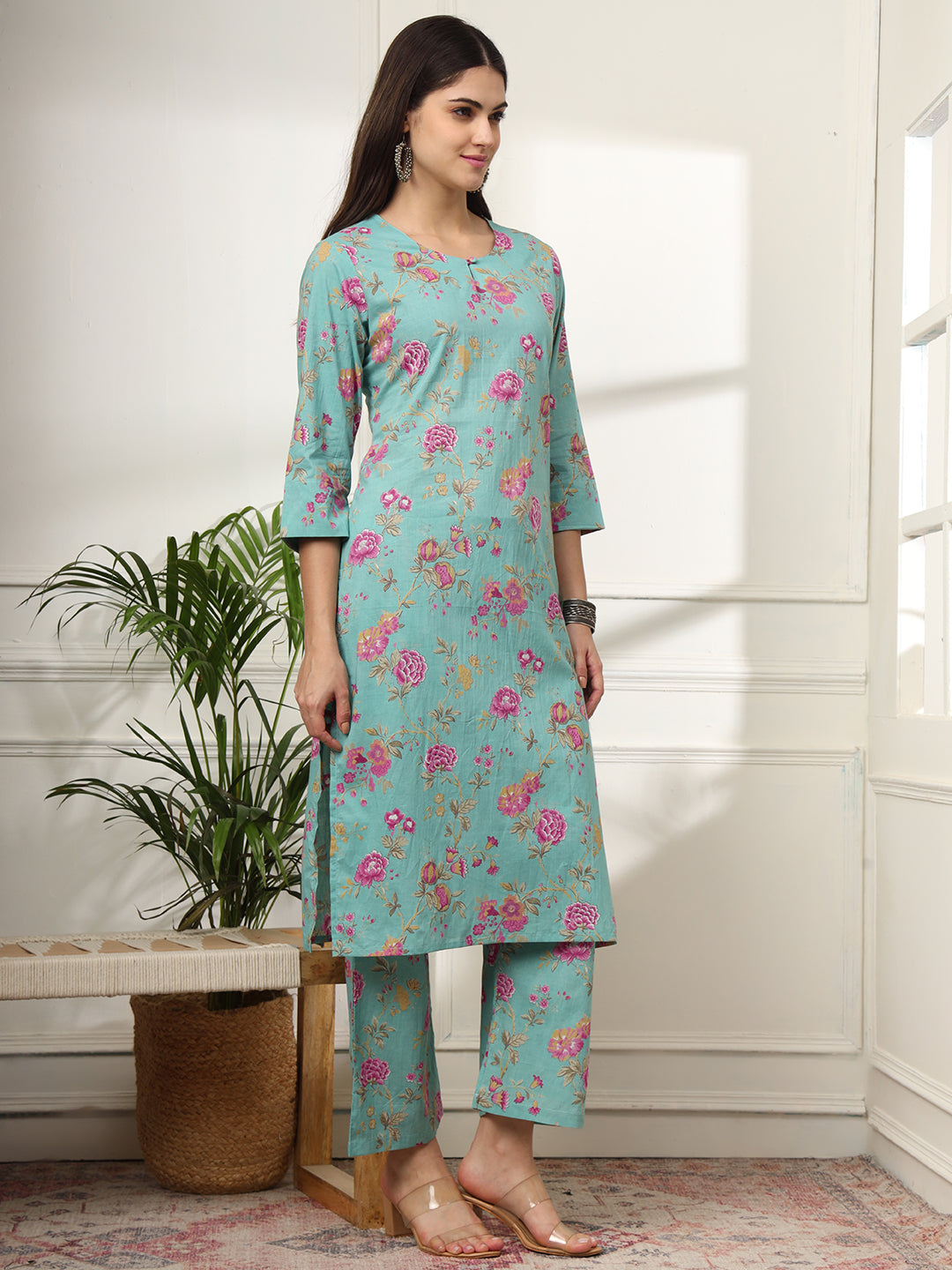 Ekisha's women light green multicolor floral printed cotton co-ord set kurta set, side view 2