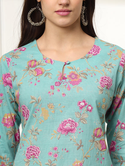 Ekisha's women light green multicolor floral printed cotton co-ord set kurta set, detailed view