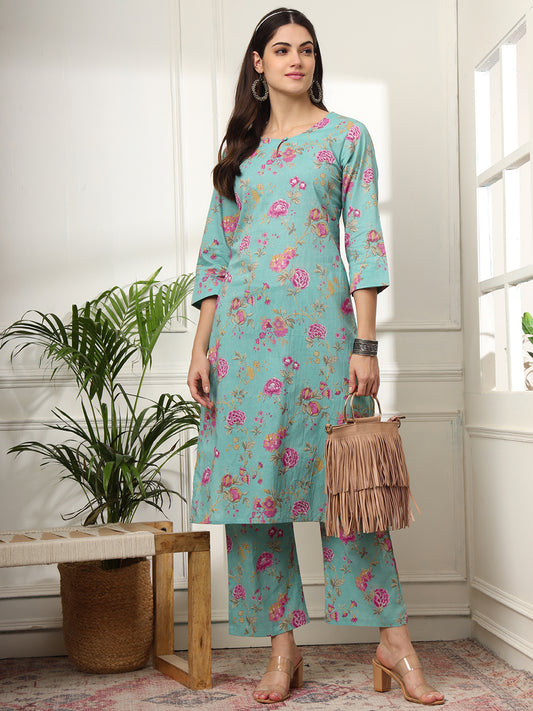 Ekisha's women light green multicolor floral printed cotton co-ord set kurta set, front view