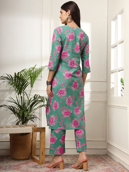 Ekisha's women green multicolor floral printed cotton co-ord set kurta set, back view