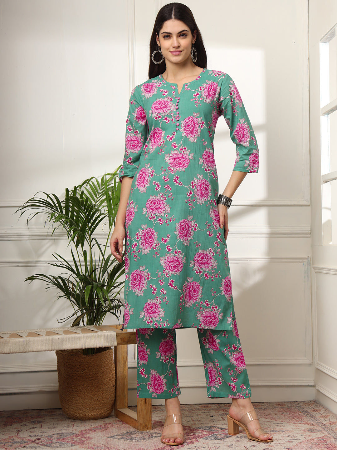 Ekisha's women green multicolor floral printed cotton co-ord set kurta set, front view