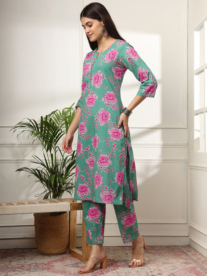 Ekisha's women green multicolor floral printed cotton co-ord set kurta set, side view