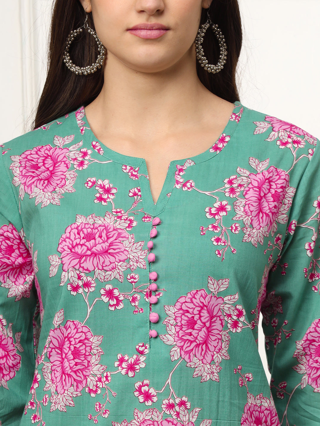 Ekisha's women green multicolor floral printed cotton co-ord set kurta set, detailed view