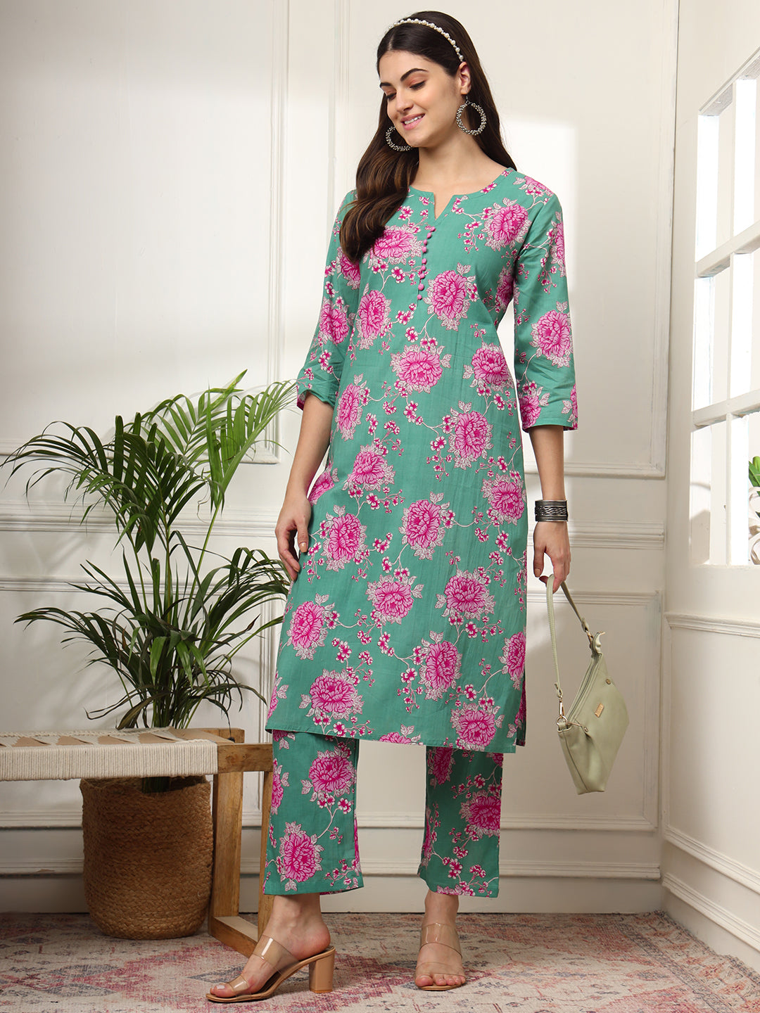 Ekisha's women green multicolor floral printed cotton co-ord set kurta set, front view 2