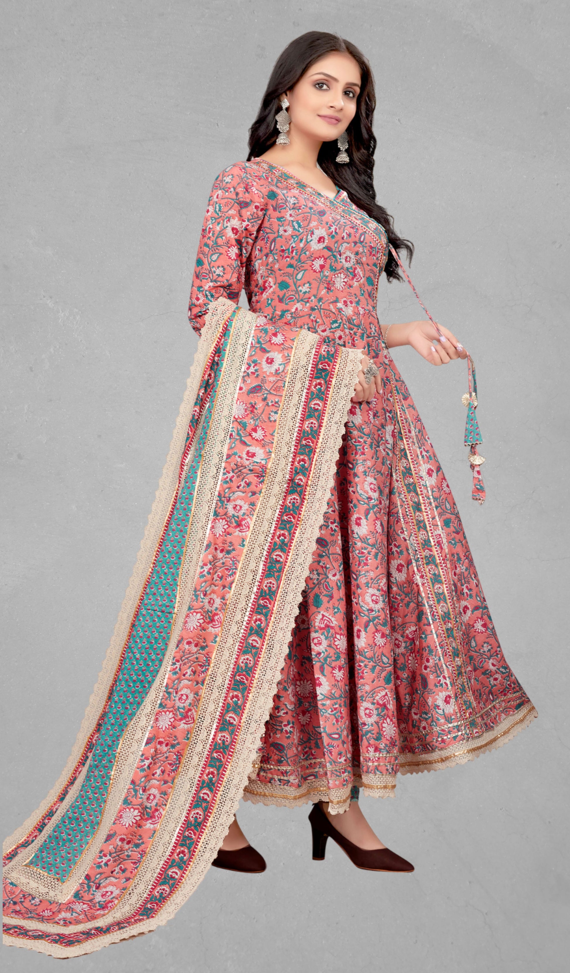 Peach kurta set with dupatta, another side view