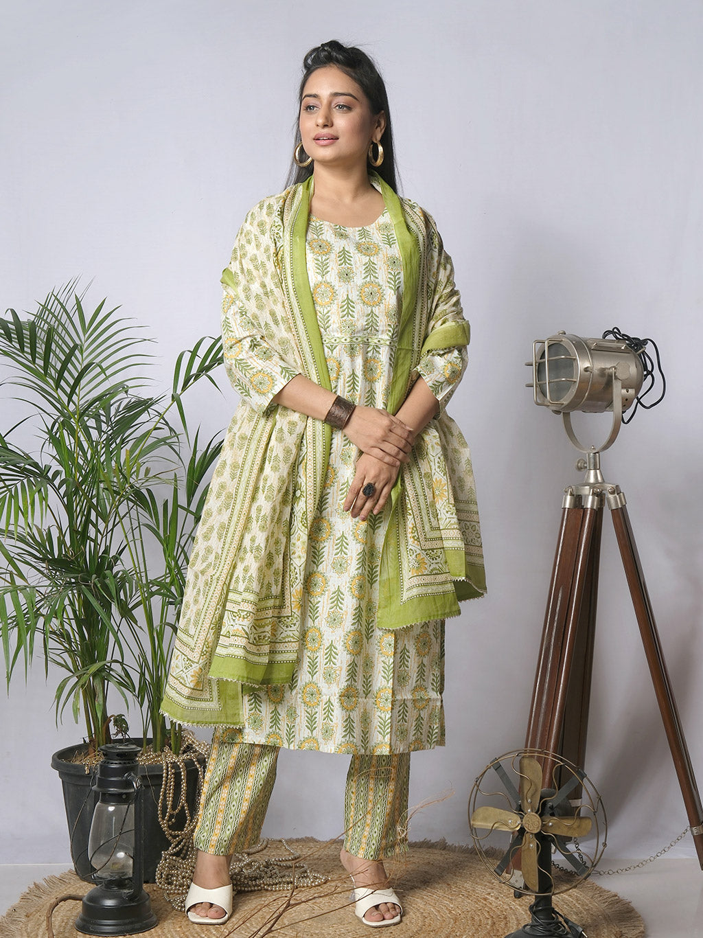 White kurta set with dupatta, side view