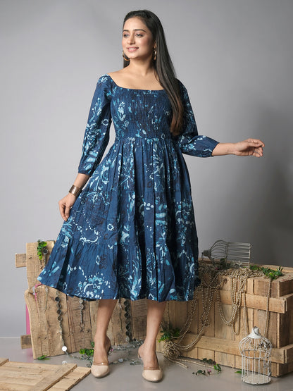 Blue midi dress with Shibori print, front view