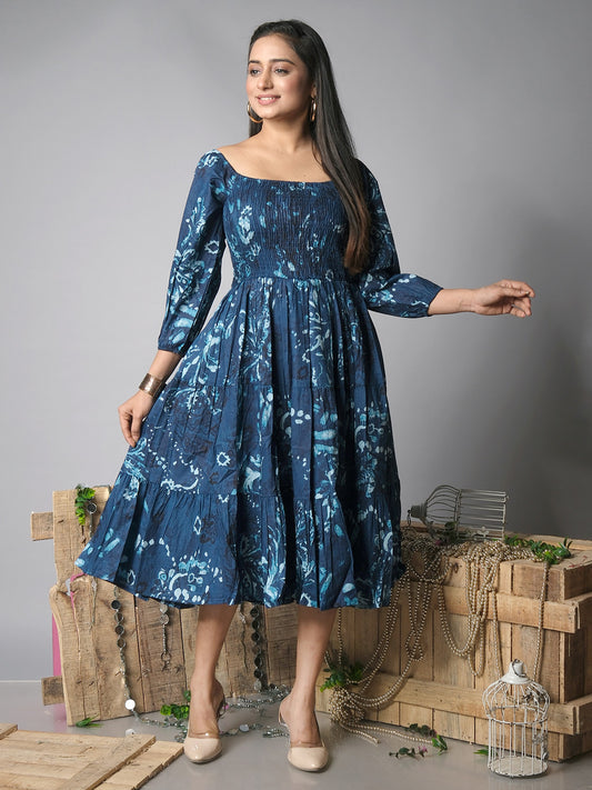 Blue midi dress with Shibori print, front view