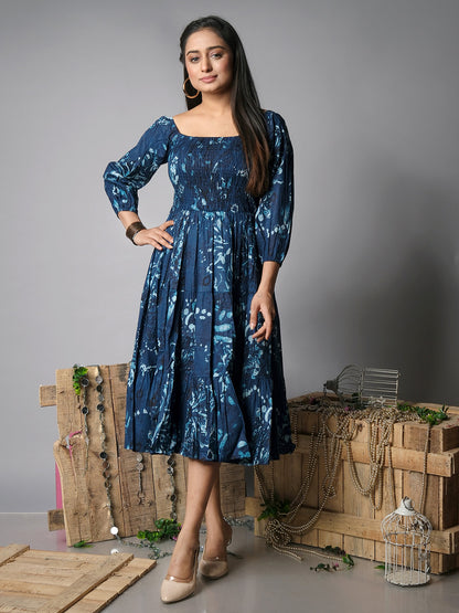 Blue midi dress with Shibori print, another front view