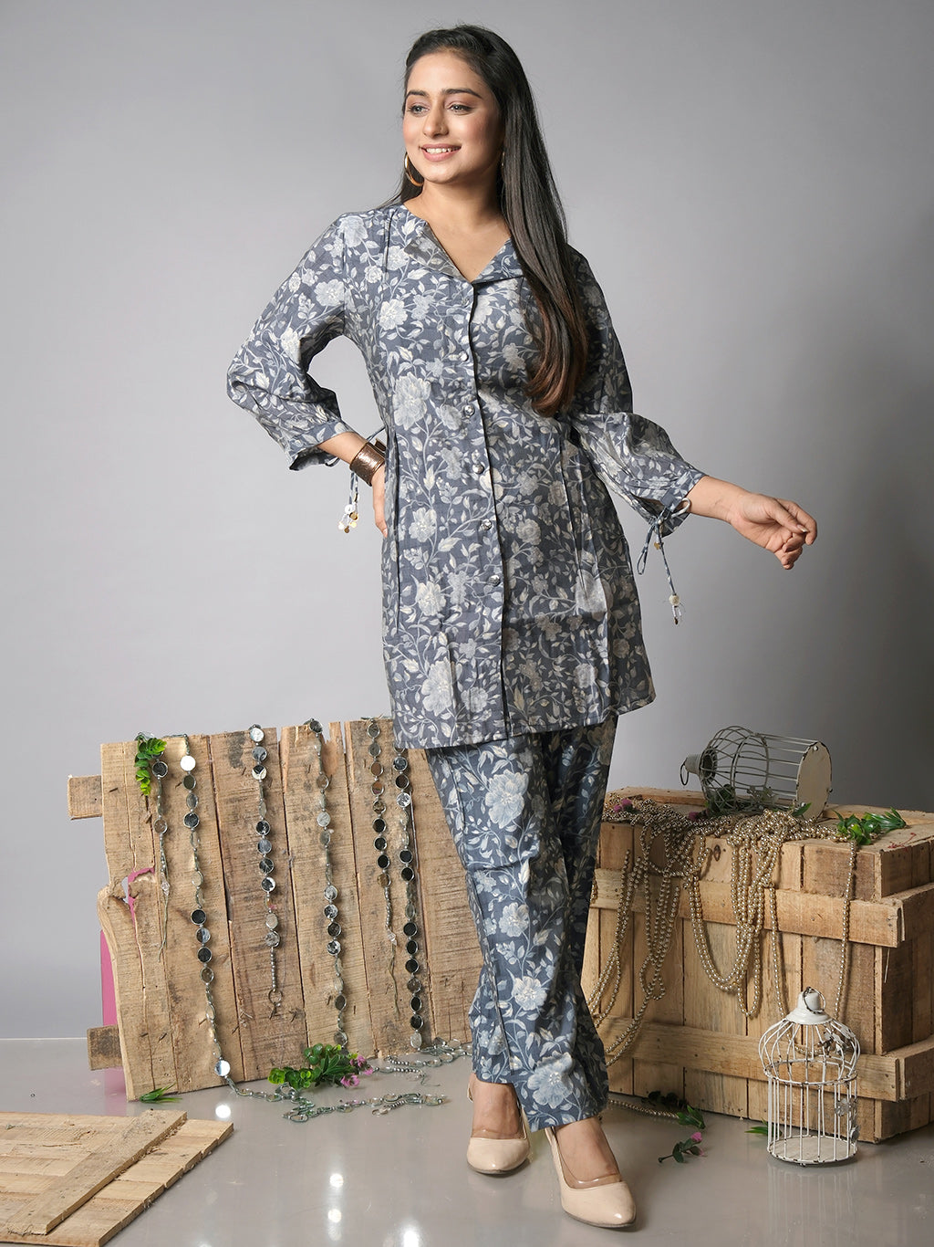 Ekisha's women muslin printed grey floral co-ord set - Ekisha