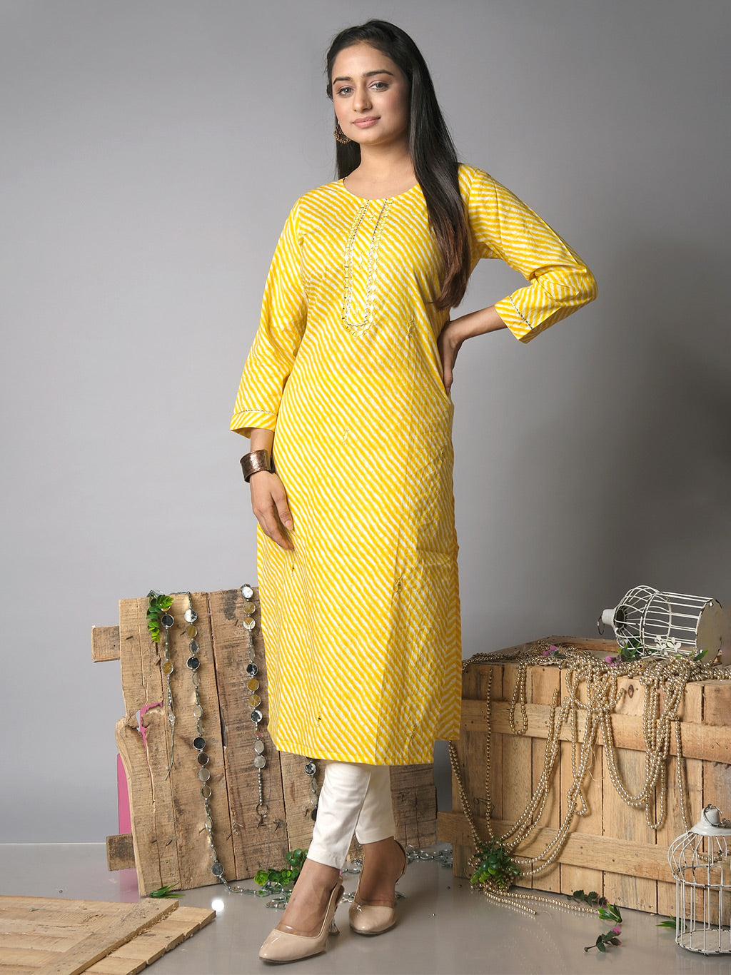 Yellow lehriya Cotton kurta, front view