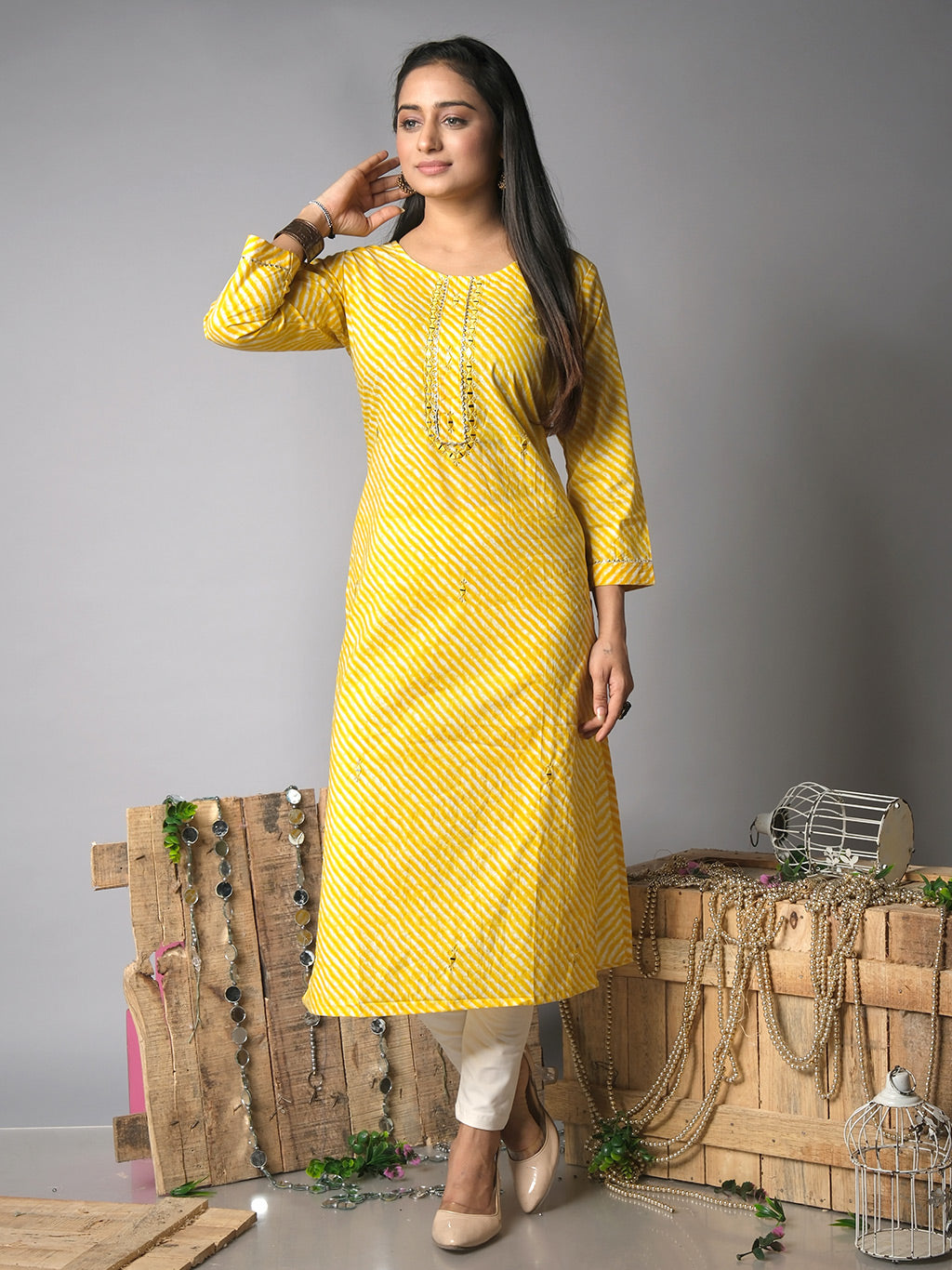 Yellow lehriya Cotton kurta, another front view