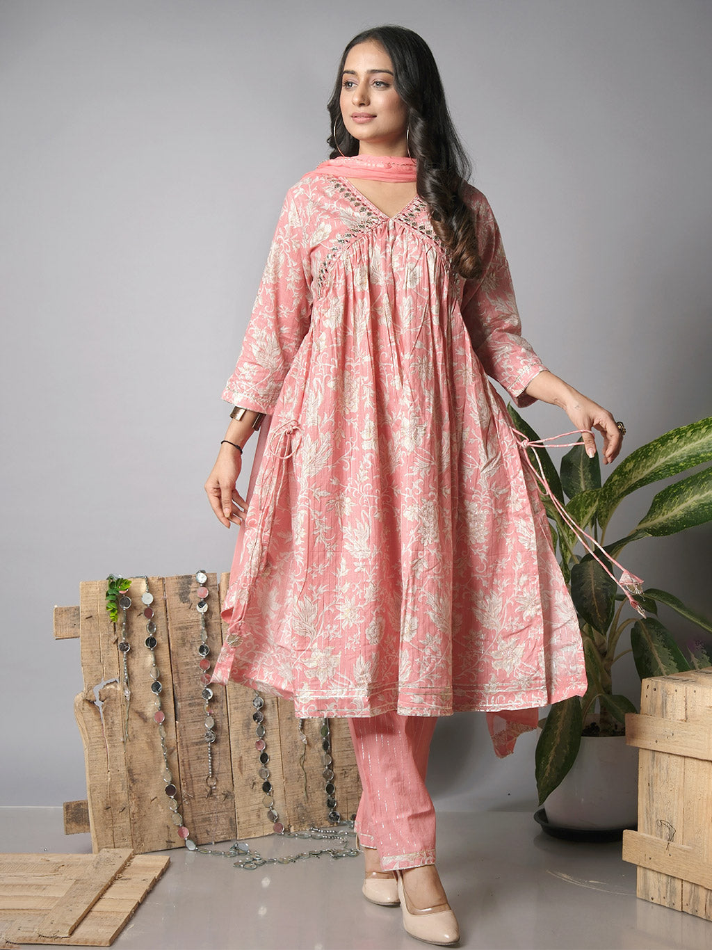 Pink Floral kurta set with dupatta, another front view