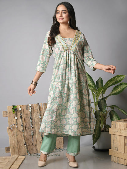 Pista green kurta and pant set, front view