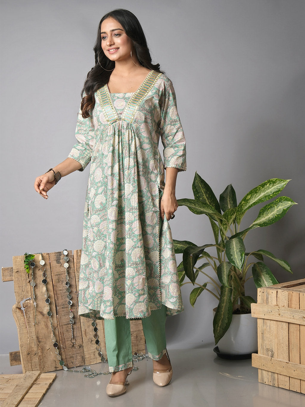 Pista green kurta and pant set, another front view