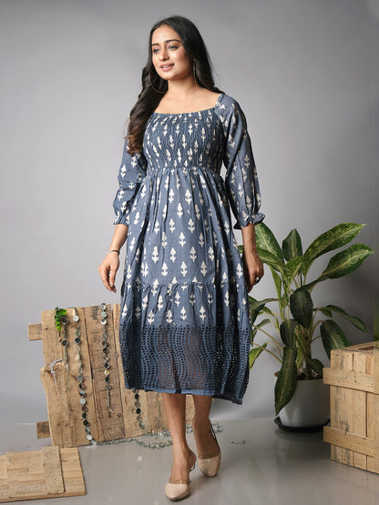 Grey dress with shiffli work, another front view
