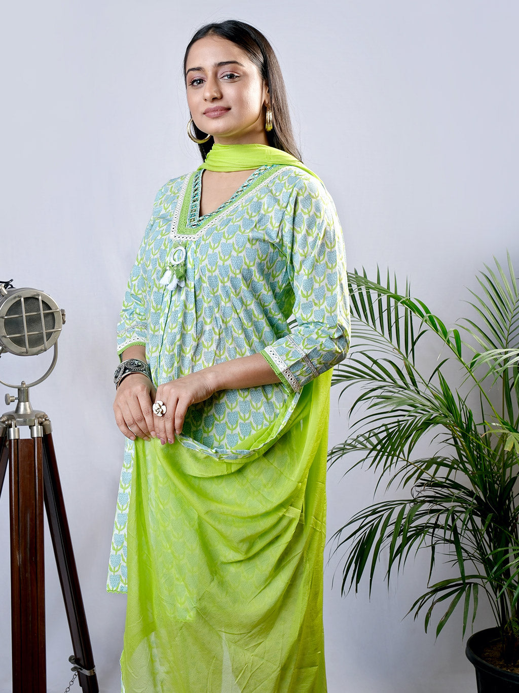 Green kurta set with dhoti pant, another side view