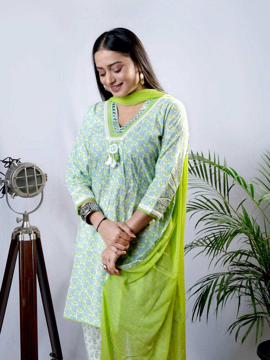 Green kurta set with dhoti pant, front view