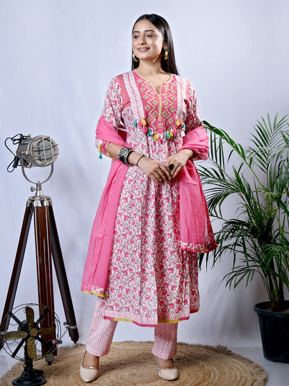 Pink Cotton kurta set with dupatta, another front view