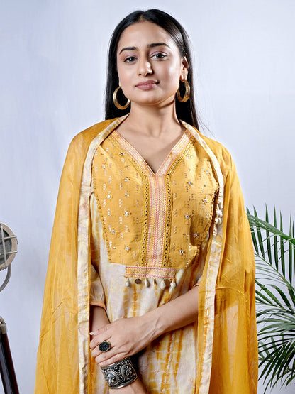 Mustard kurta set with dupatta, detailed view