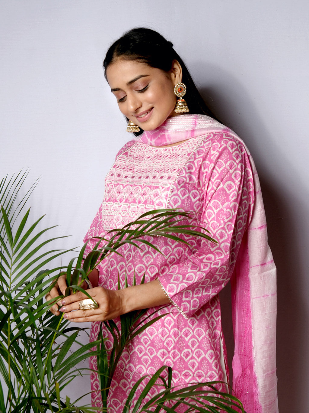 Pink kurta set with dupatta, another side view