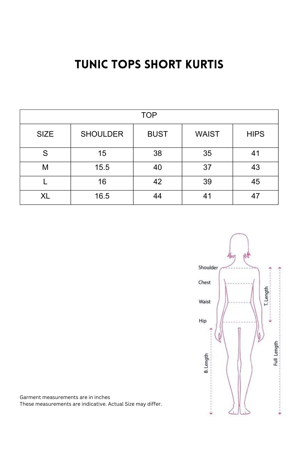Ekisha women tunics size chart